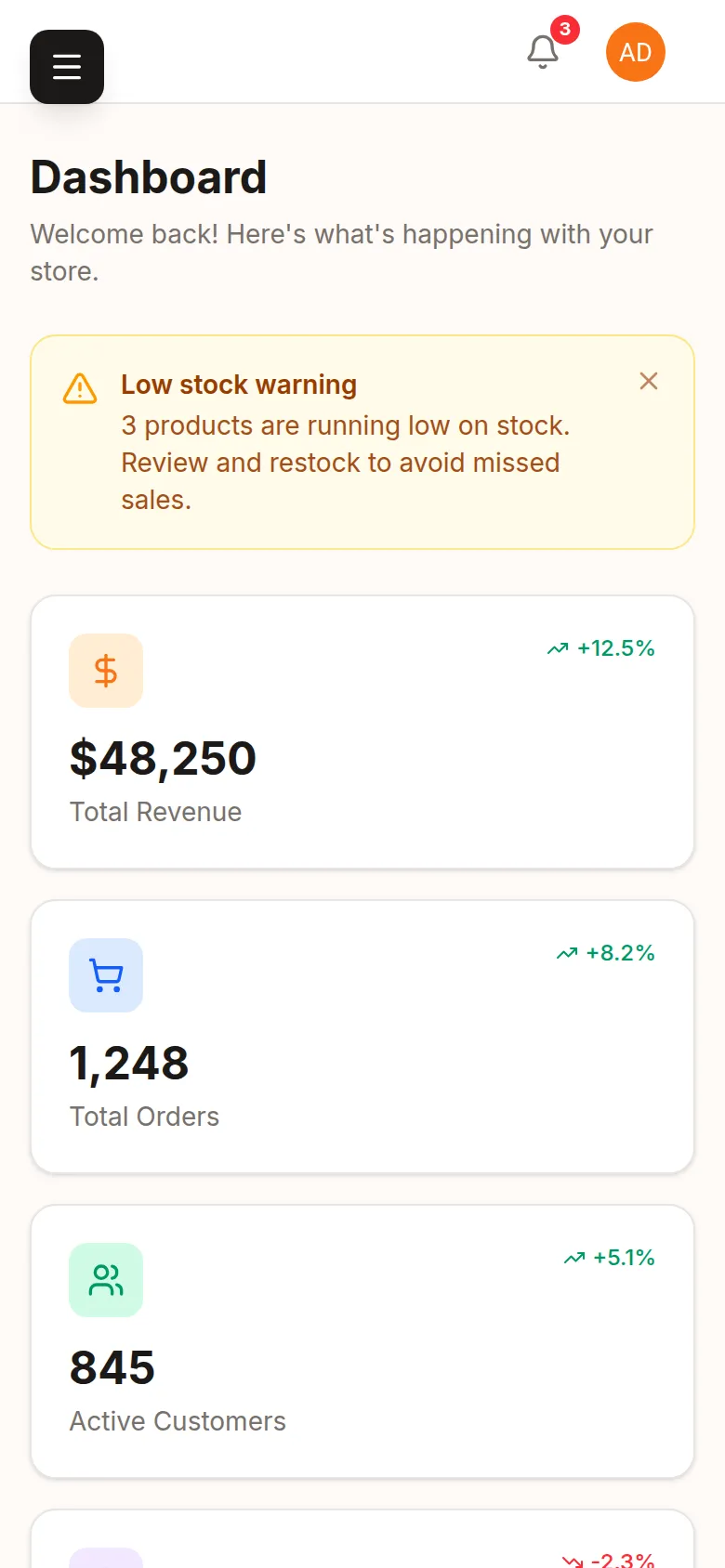 Giao diện Hệ Thống Quản Trị (Admin Dashboard) trên điện thoại